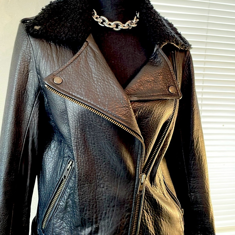 Super heavy shearling jacket with zipper snaps and belt